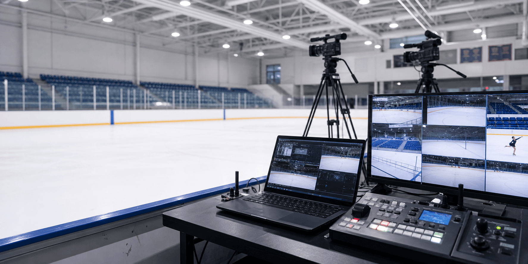 Livestream production workspace beside an ice rink